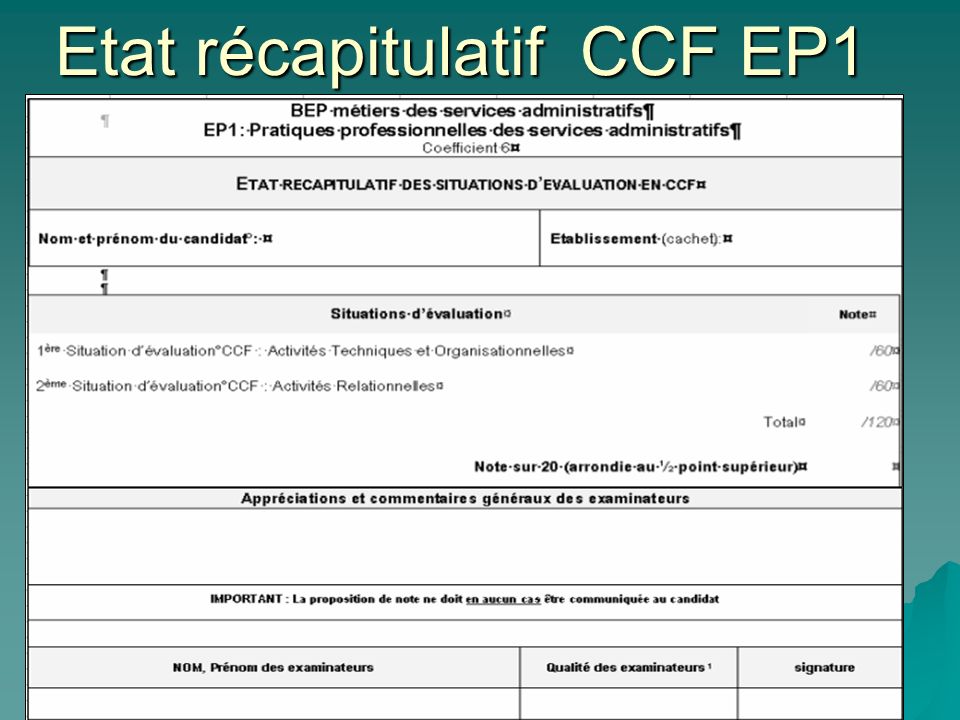 Etat récapitulatif CCF EP1