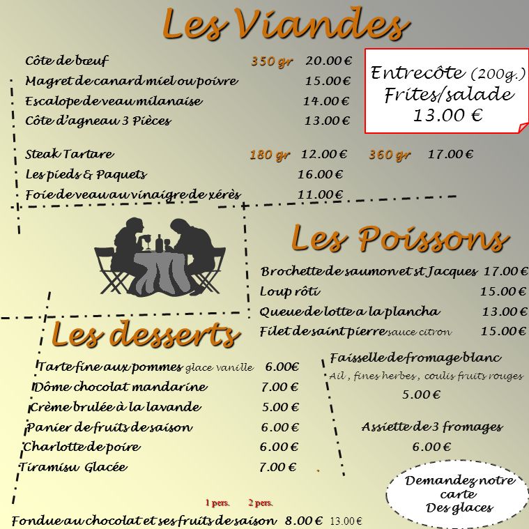 Les Viandes Les Poissons Les desserts Entrecôte (200g.) Frites/salade