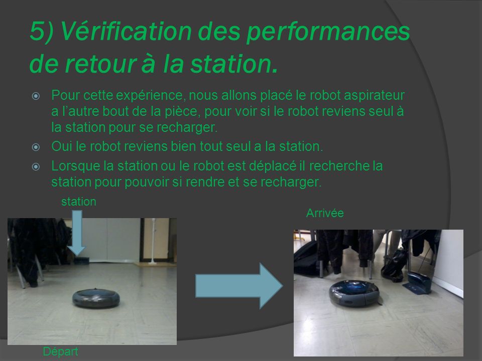 5) Vérification des performances de retour à la station.
