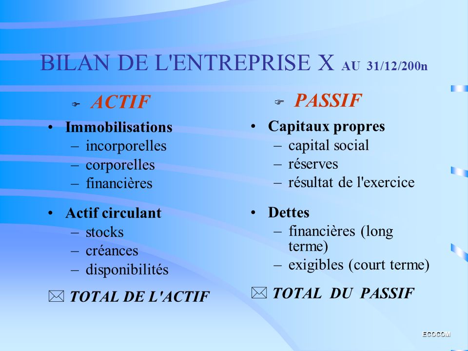 BILAN DE L ENTREPRISE X AU 31/12/200n