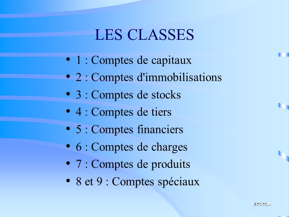 LES CLASSES 1 : Comptes de capitaux 2 : Comptes d immobilisations