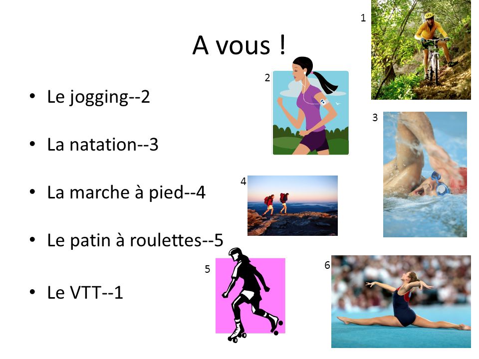 A vous ! Le jogging--2 La natation--3 La marche à pied--4