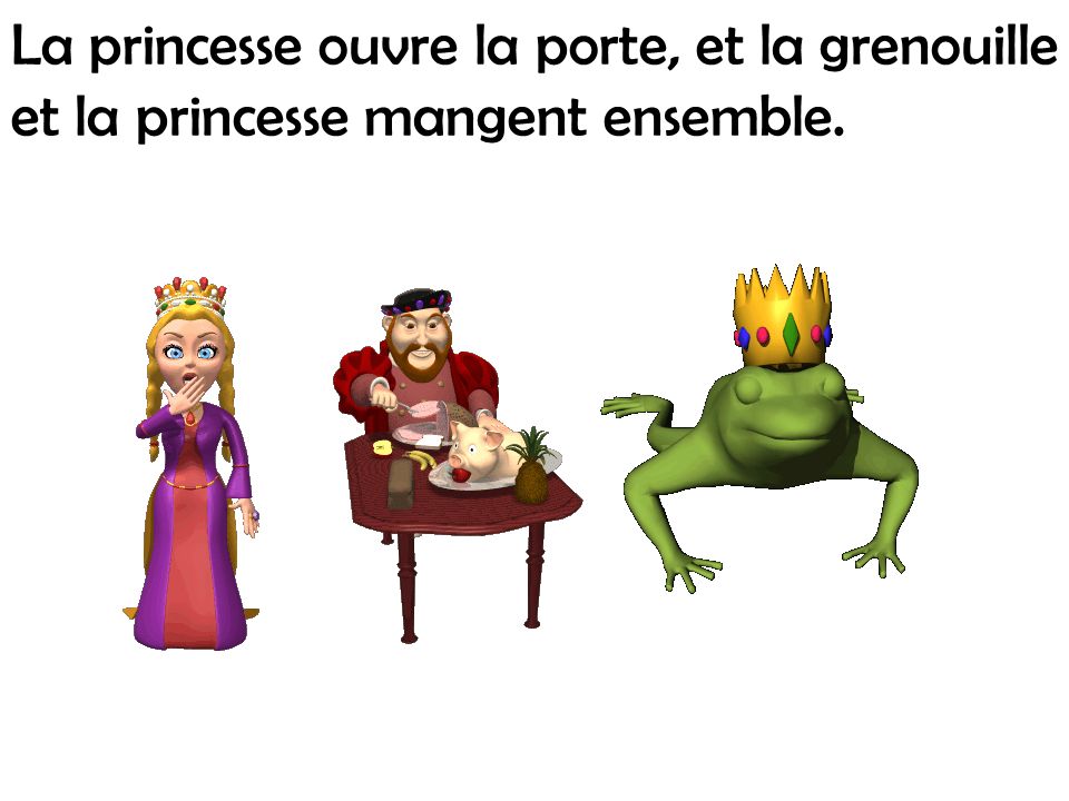 La princesse ouvre la porte, et la grenouille et la princesse mangent ensemble.