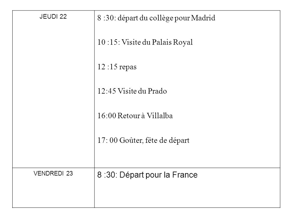 8 :30: départ du collège pour Madrid 10 :15: Visite du Palais Royal