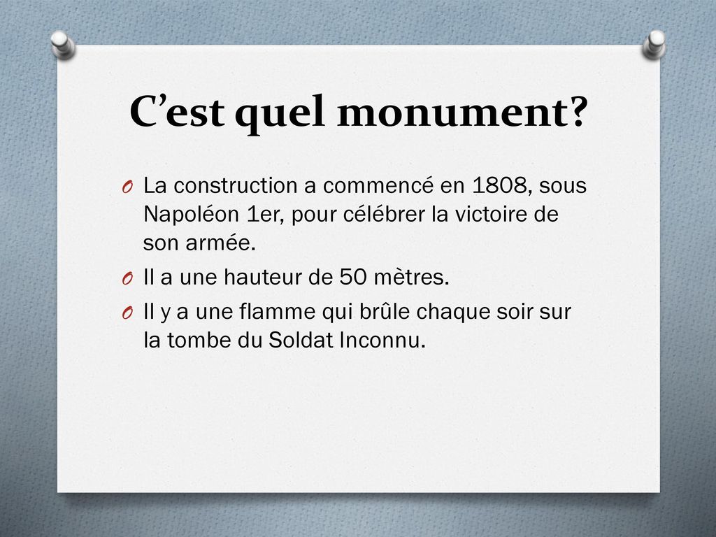 C’est quel monument La construction a commencé en 1808, sous Napoléon 1er, pour célébrer la victoire de son armée.