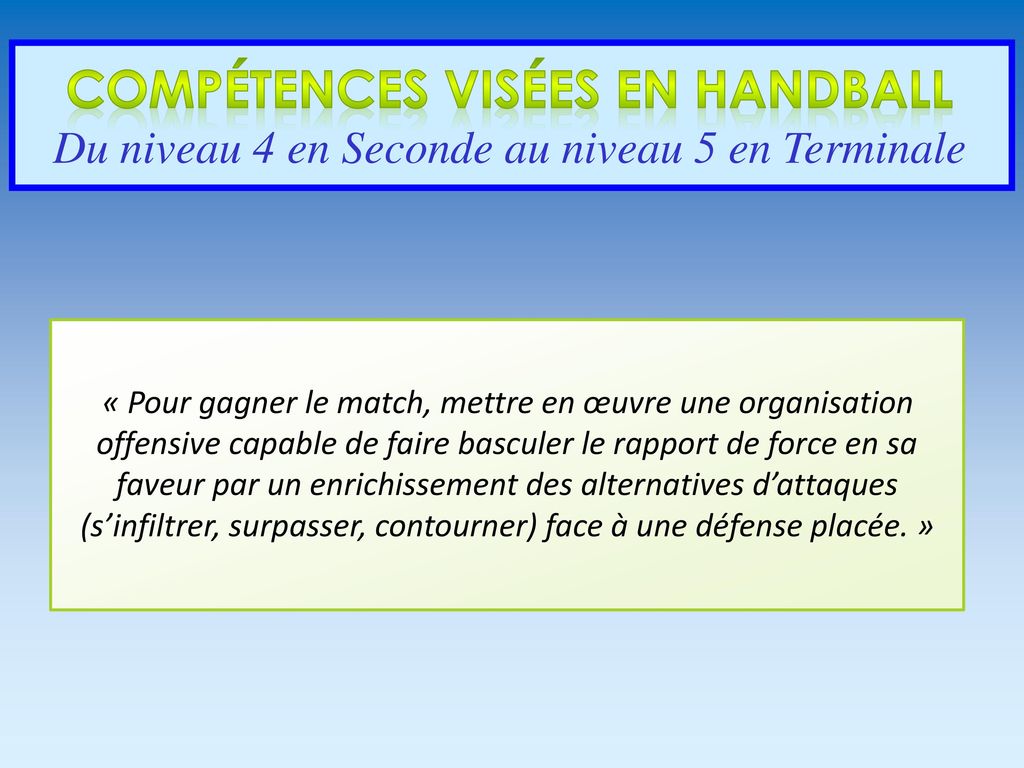 Compétences visées en Handball Du niveau 4 en Seconde au niveau 5 en Terminale