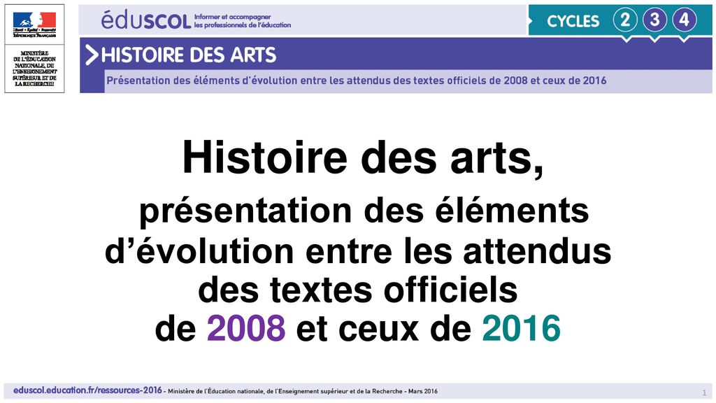 Histoire des arts, présentation des éléments d’évolution entre les attendus des textes officiels de 2008 et ceux de 2016