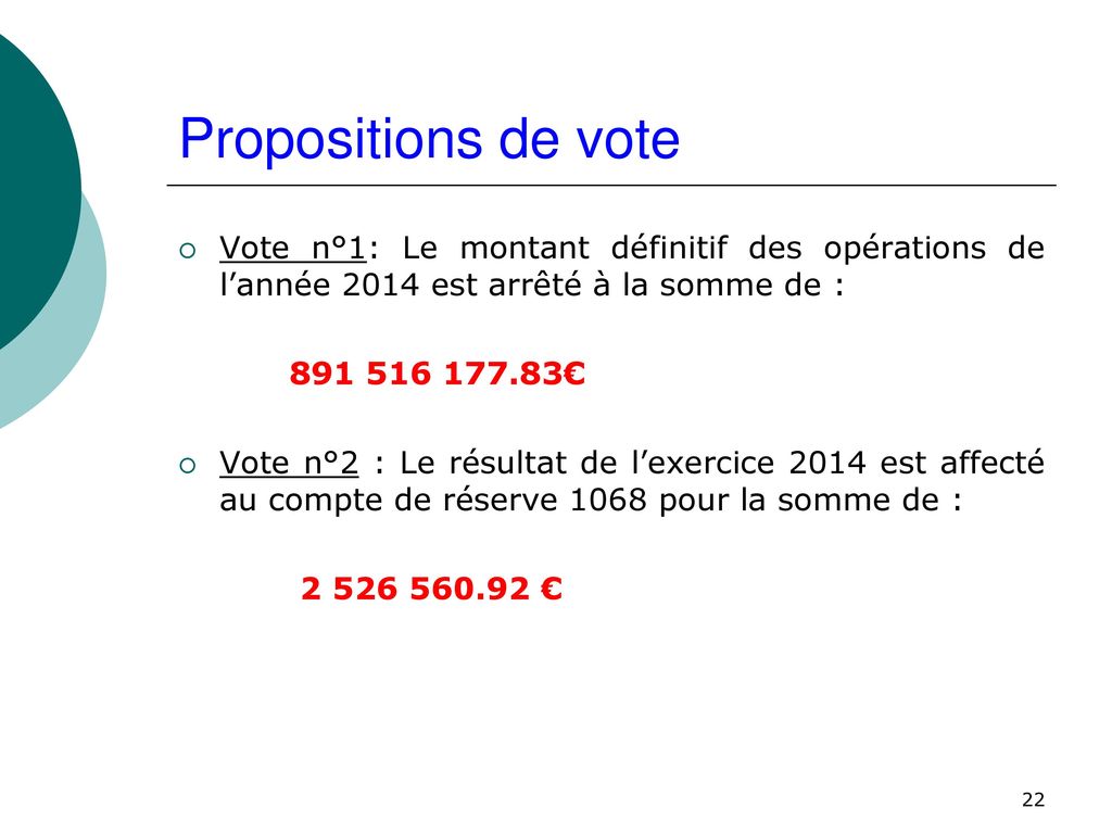 Propositions de vote Vote n°1: Le montant définitif des opérations de l’année 2014 est arrêté à la somme de :
