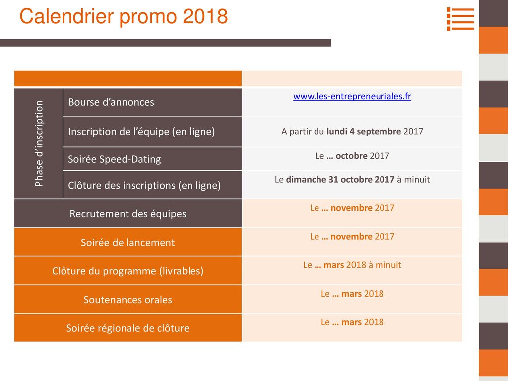 Calendrier promo 2018 Bourse d’annonces Phase d’inscription