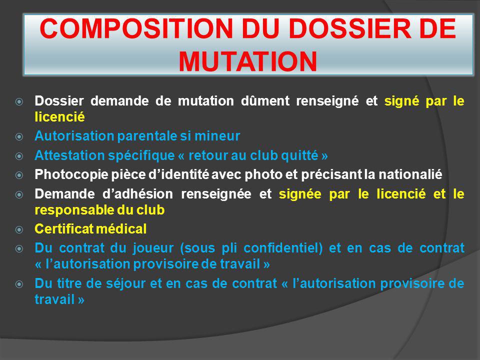 COMPOSITION DU DOSSIER DE MUTATION