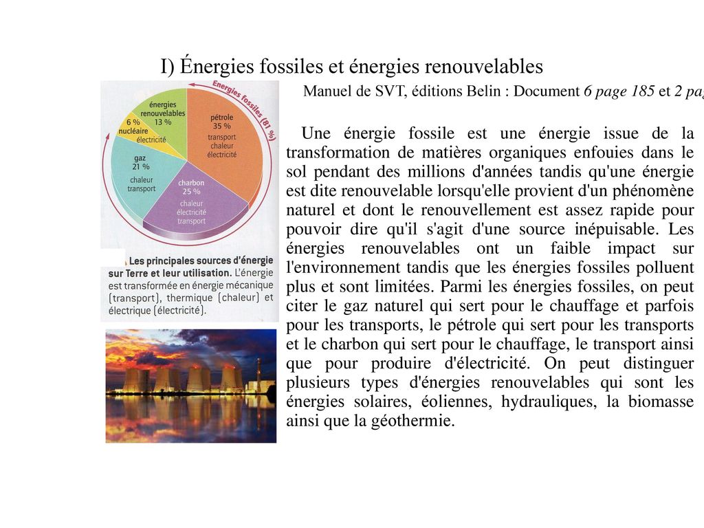 I) Énergies fossiles et énergies renouvelables
