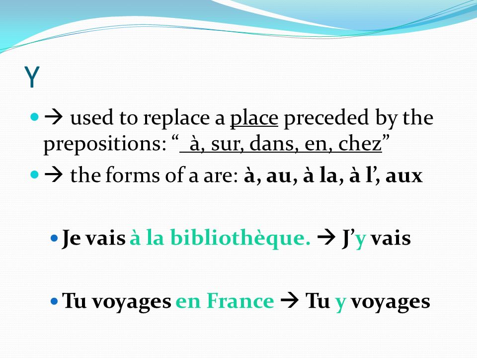 Y  used to replace a place preceded by the prepositions: à, sur, dans, en, chez  the forms of a are: à, au, à la, à l’, aux.
