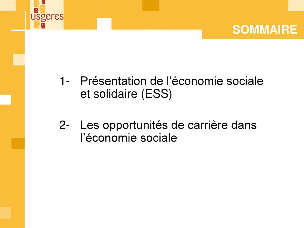 SOMMAIRE 1- Présentation de l’économie sociale et solidaire (ESS) 2- Les opportunités de carrière dans l’économie sociale.