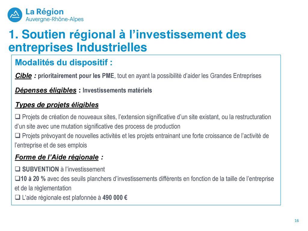 1. Soutien régional à l’investissement des entreprises Industrielles