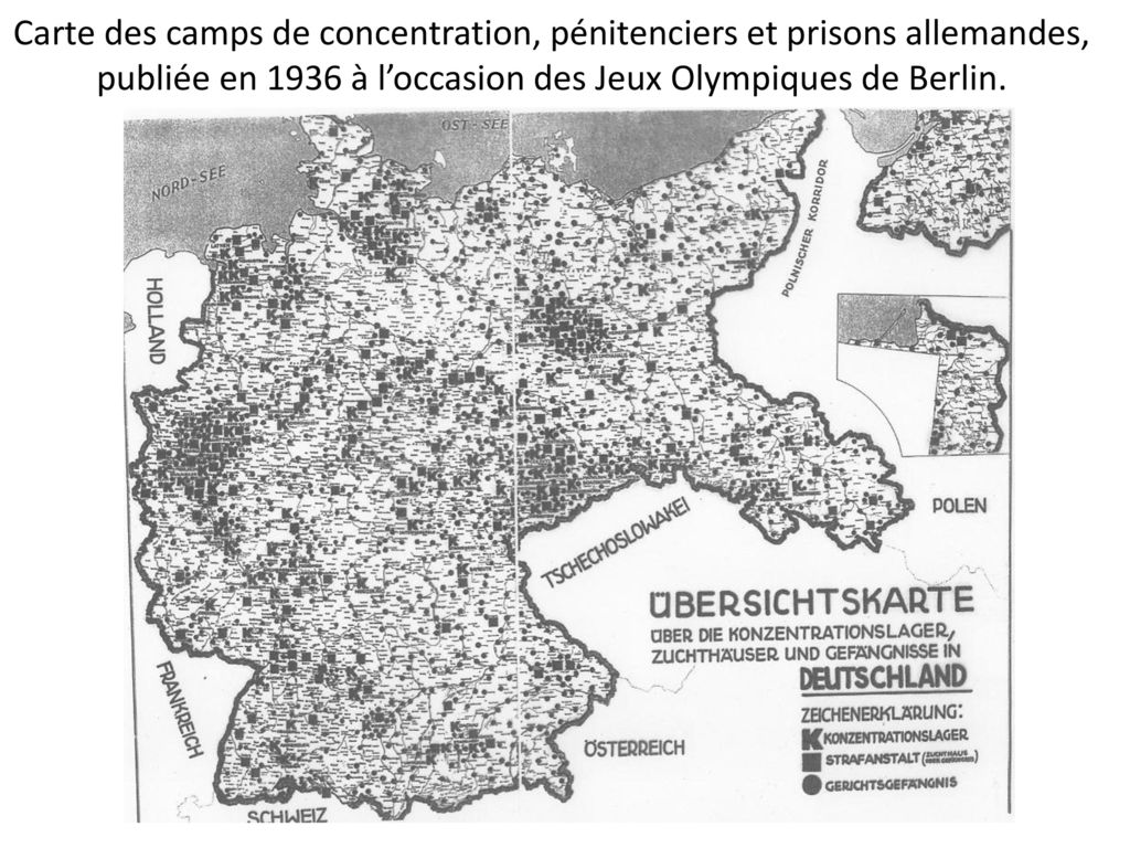 Carte des camps de concentration, pénitenciers et prisons allemandes, publiée en 1936 à l’occasion des Jeux Olympiques de Berlin.