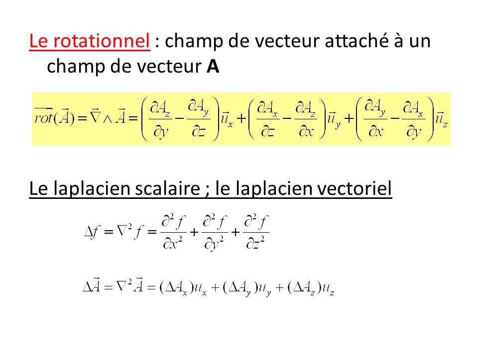 Le rotationnel : champ de vecteur attaché à un champ de vecteur A Le laplacien scalaire ; le laplacien vectoriel