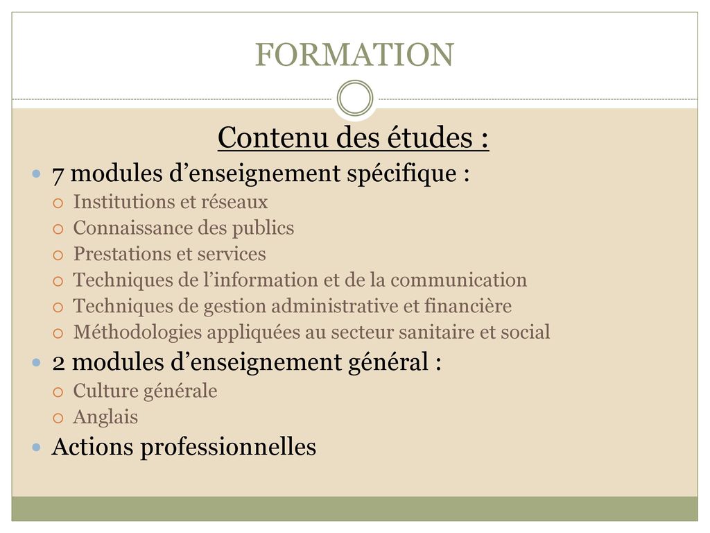 FORMATION Contenu des études : 7 modules d’enseignement spécifique :