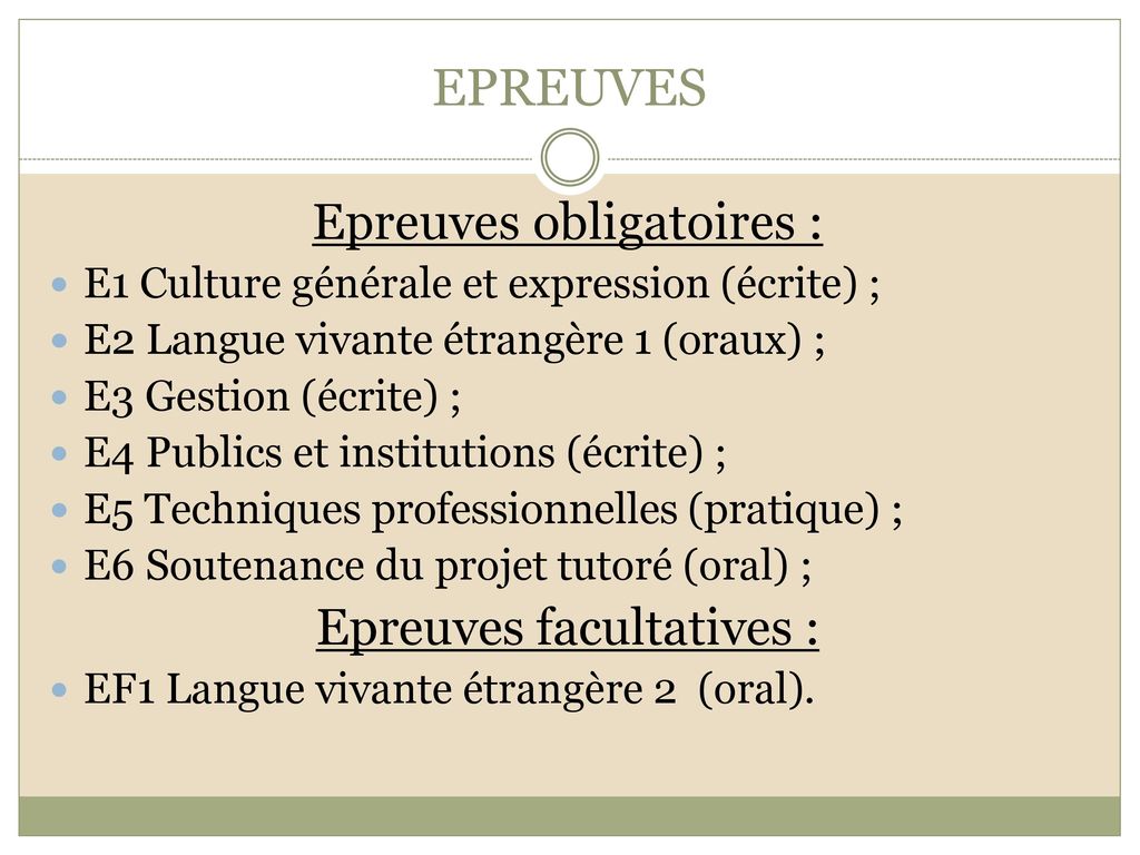 EPREUVES Epreuves obligatoires : Epreuves facultatives :