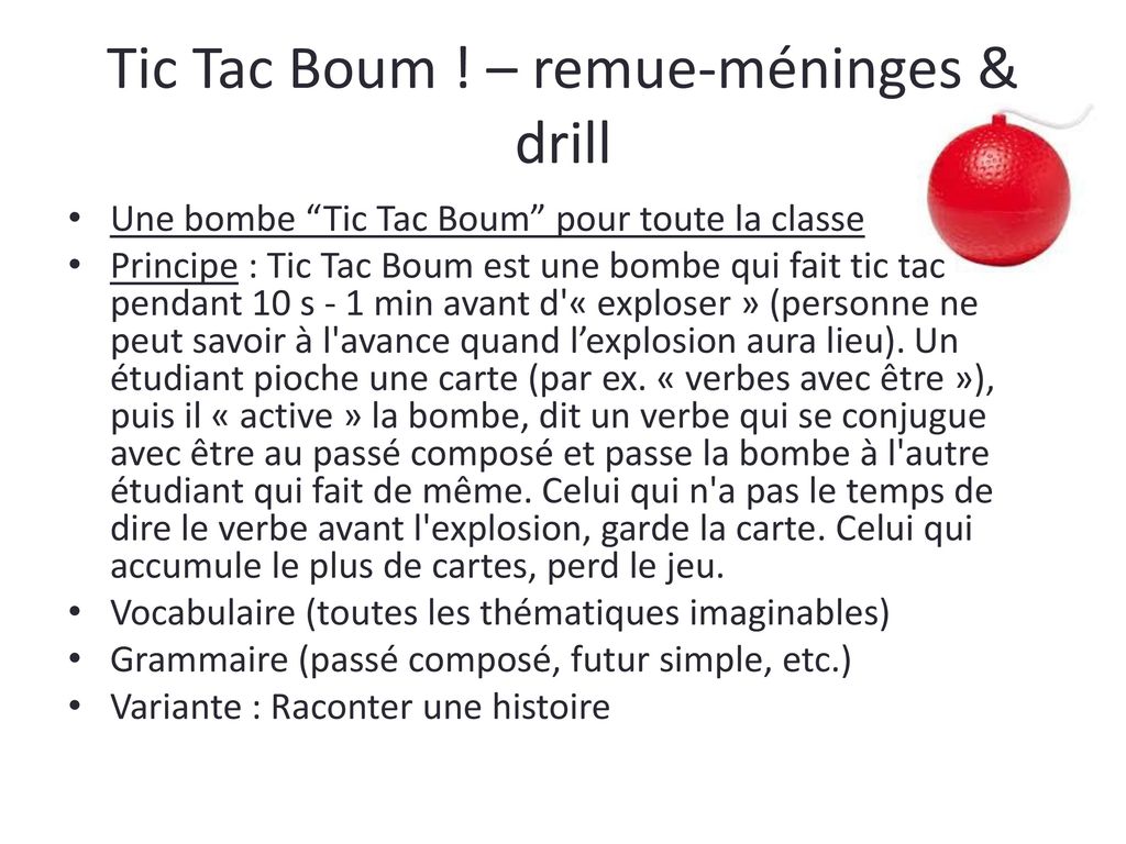 Tic Tac Boum ! – remue-méninges & drill