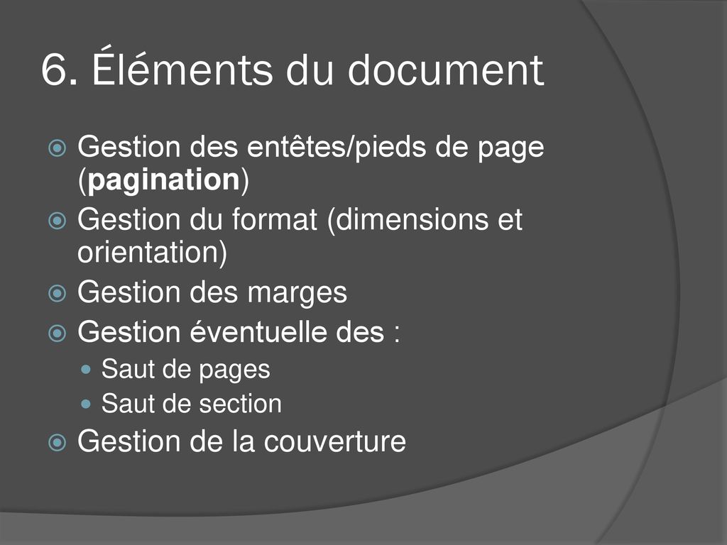 6. Éléments du document Gestion des entêtes/pieds de page (pagination)
