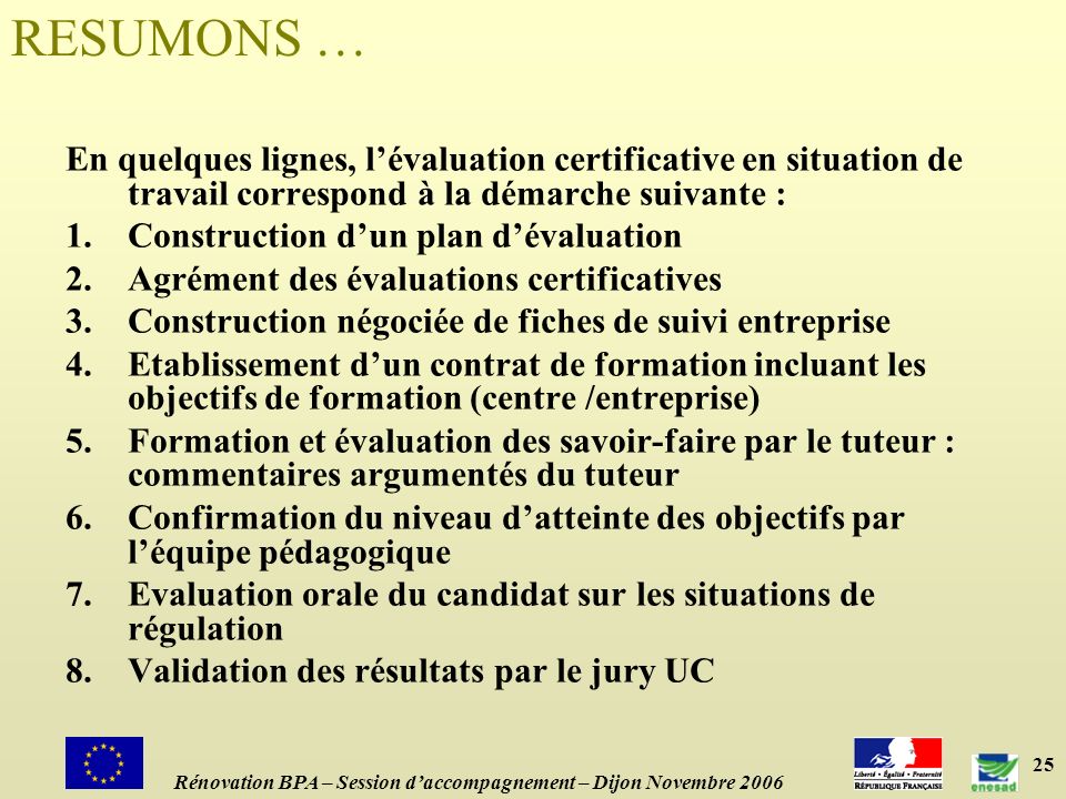 RESUMONS … En quelques lignes, l’évaluation certificative en situation de travail correspond à la démarche suivante :