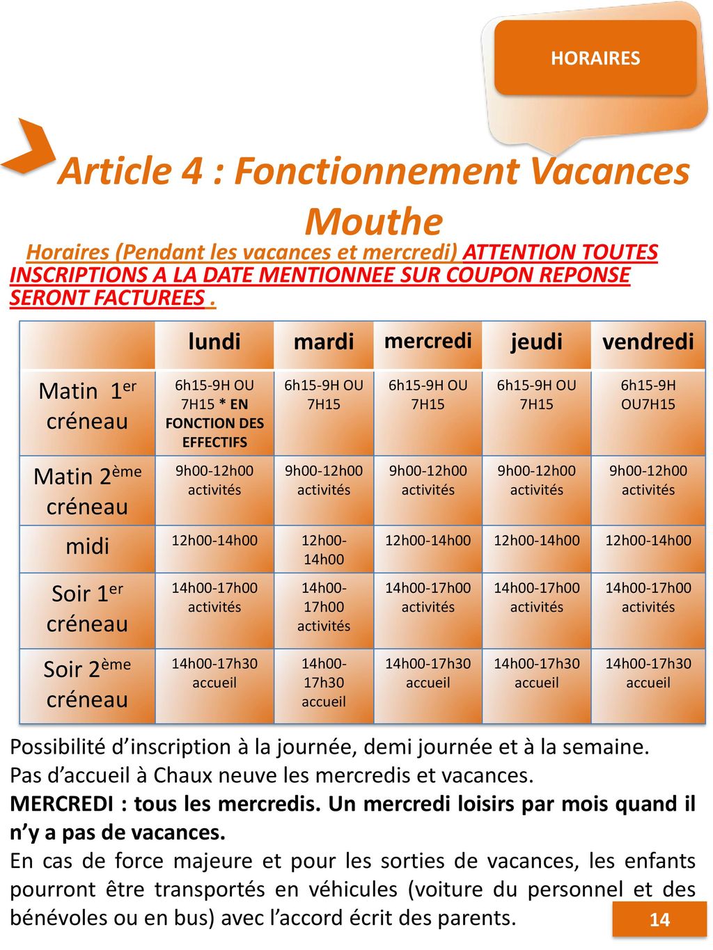 Article 4 : Fonctionnement Vacances Mouthe