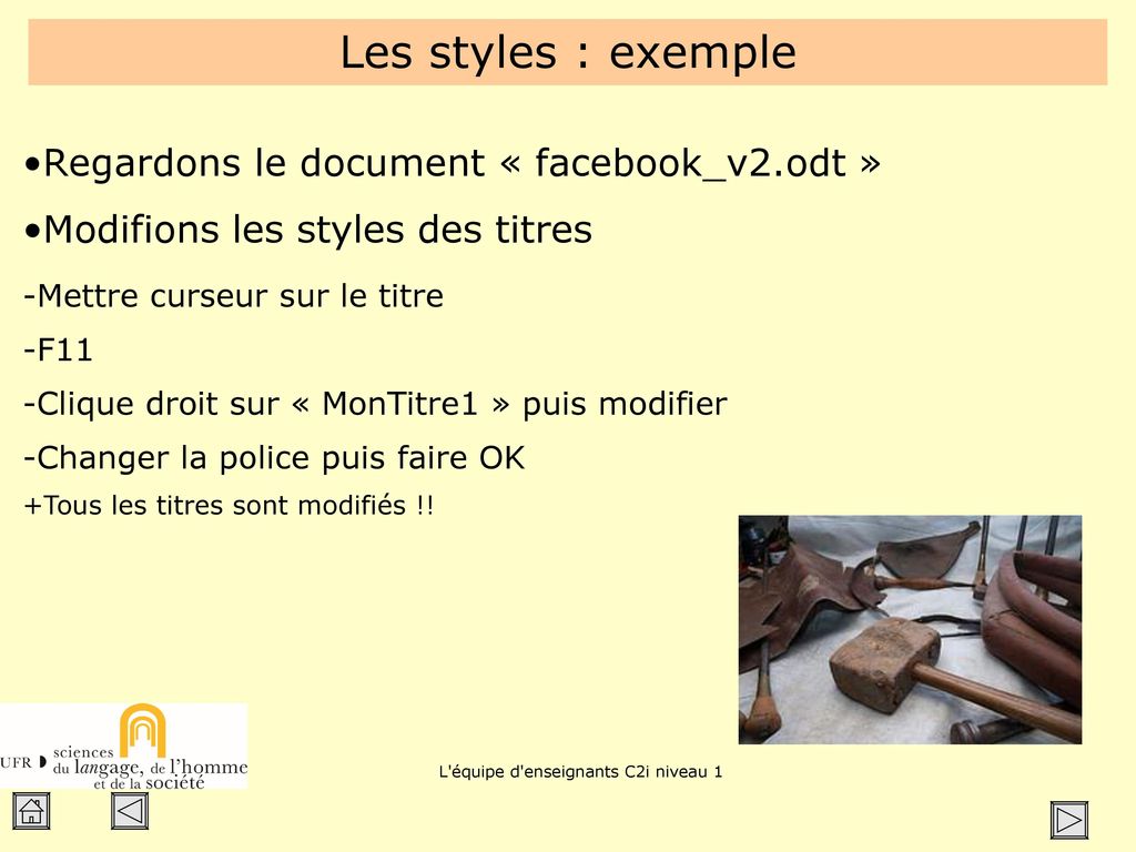 Les styles : exemple Regardons le document « facebook_v2.odt »