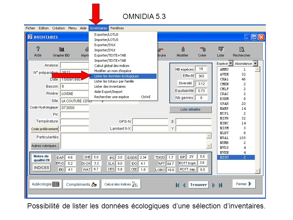 OMNIDIA 5.3 Possibilité de lister les données écologiques d’une sélection d’inventaires.