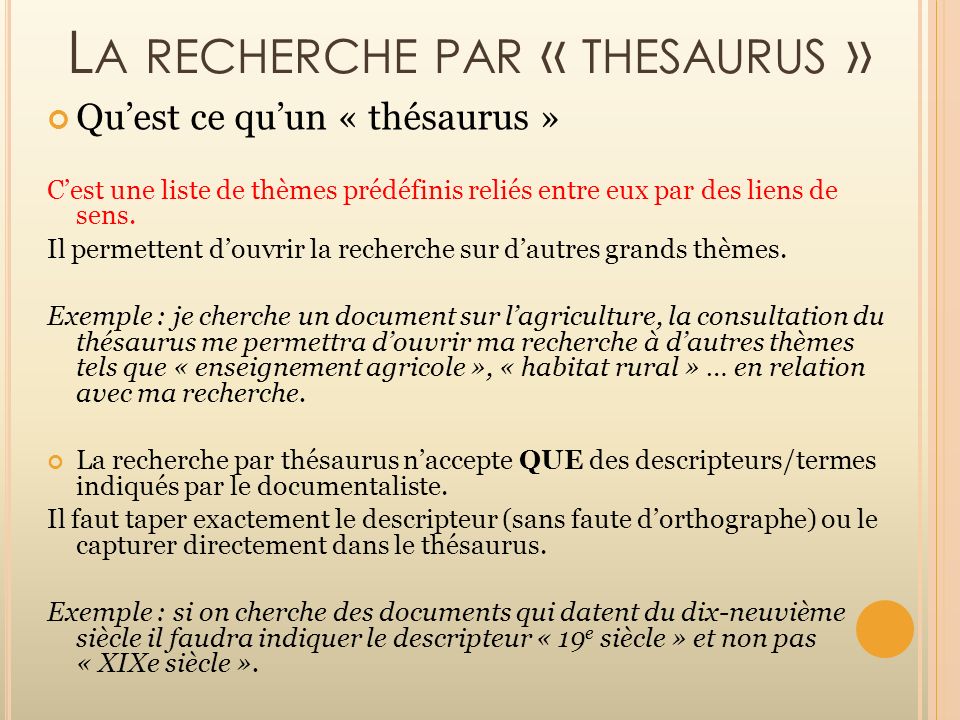 La recherche par « thesaurus »