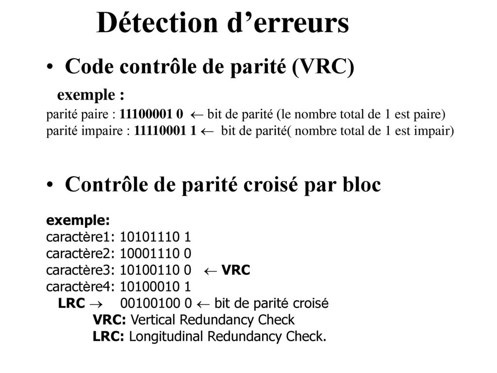 Détection d’erreurs Code contrôle de parité (VRC) exemple :