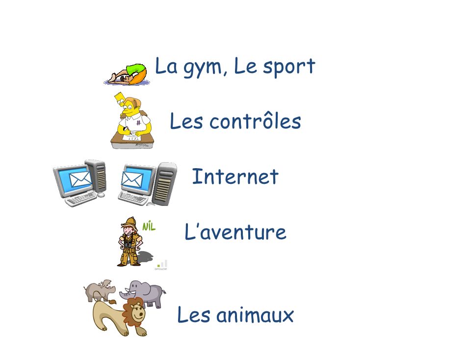 La gym, Le sport Les contrôles Internet L’aventure Les animaux