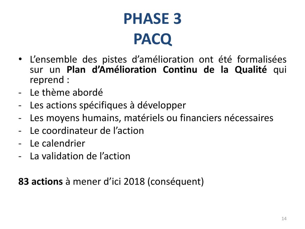 PHASE 3 PACQ L’ensemble des pistes d’amélioration ont été formalisées sur un Plan d’Amélioration Continu de la Qualité qui reprend :