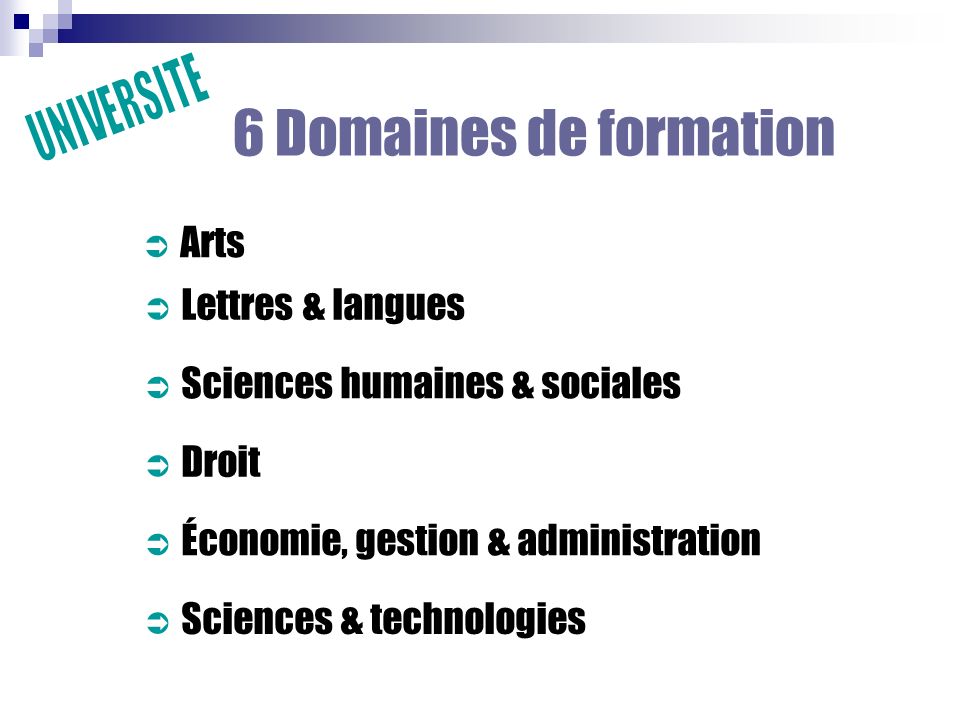 6 Domaines de formation UNIVERSITE Arts Lettres & langues