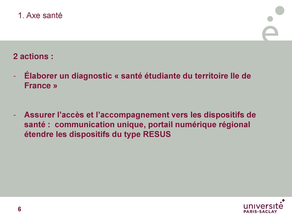 1. Axe santé 2 actions : Élaborer un diagnostic « santé étudiante du territoire Ile de France »
