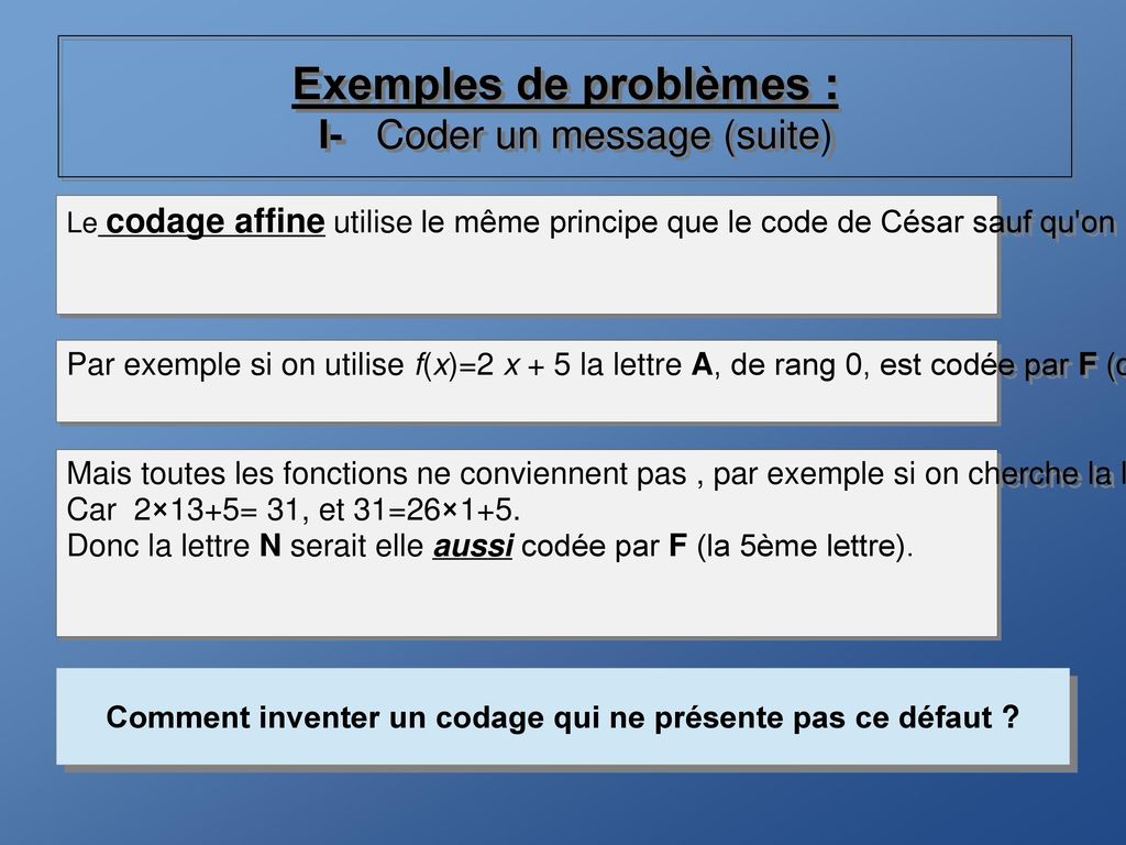Exemples de problèmes : I- Coder un message (suite)