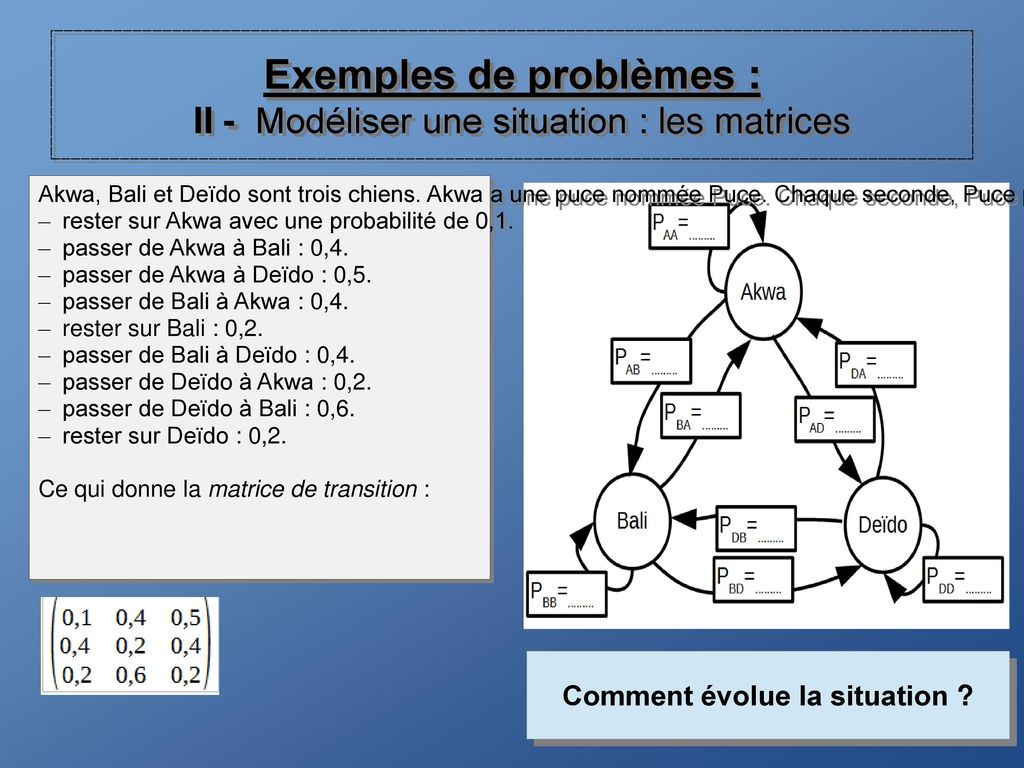 Exemples de problèmes : II - Modéliser une situation : les matrices