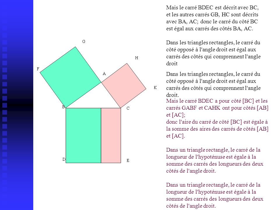 Mais le carré BDEC est décrit avec BC, et les autres carrés GB, HC sont décrits avec BA, AC; donc le carré du côté BC est égal aux carrés des côtés BA, AC.