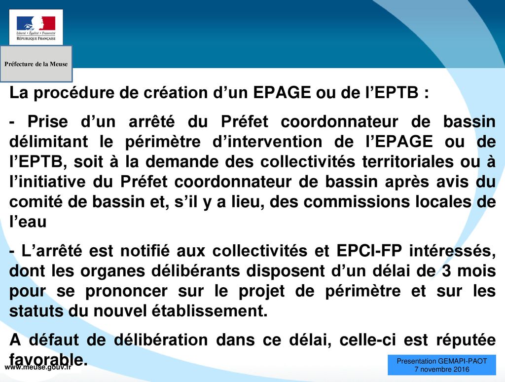 La procédure de création d’un EPAGE ou de l’EPTB :