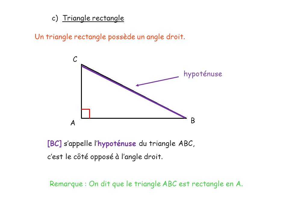 Remarque : On dit que le triangle ABC est rectangle en A.