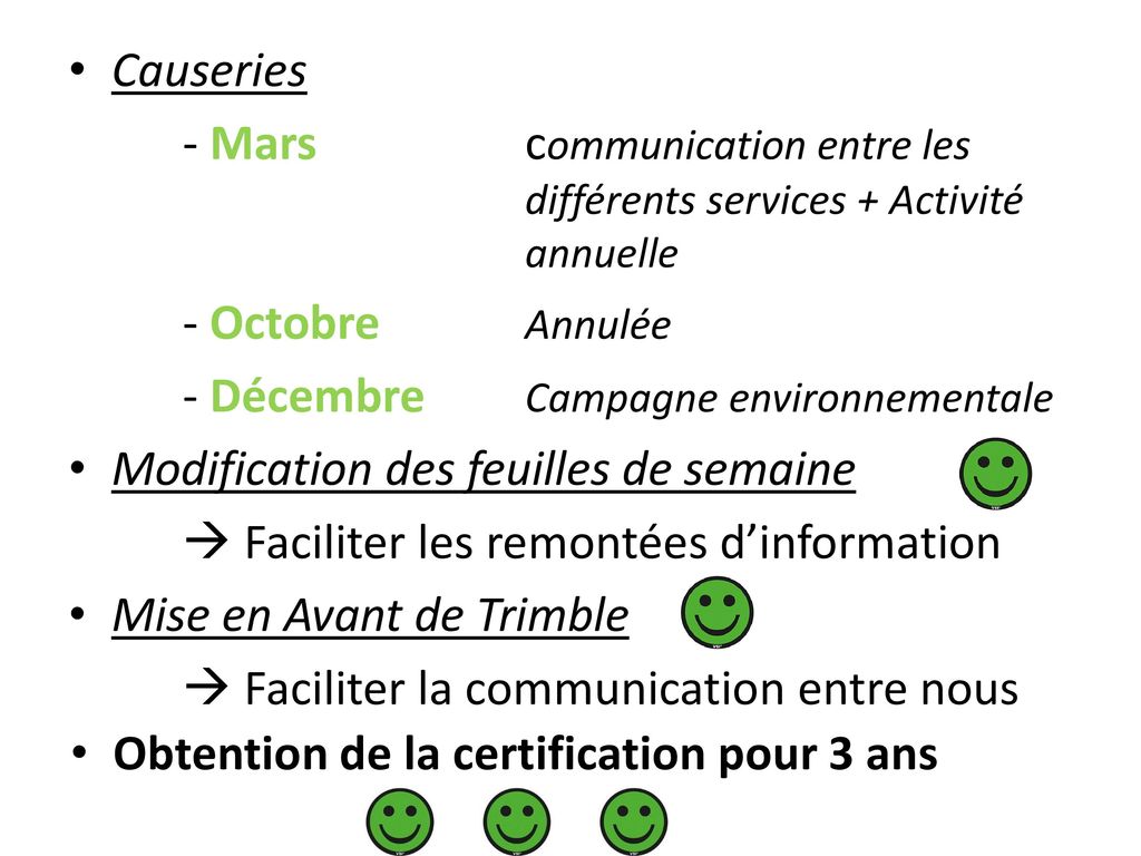 Causeries - Mars communication entre les différents services + Activité annuelle. - Octobre Annulée.