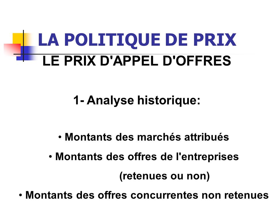LA POLITIQUE DE PRIX LE PRIX D APPEL D OFFRES 1- Analyse historique: