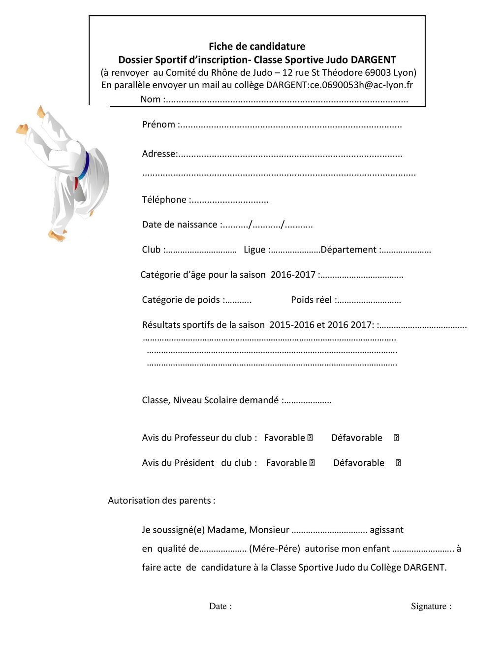 Dossier Sportif d’inscription- Classe Sportive Judo DARGENT