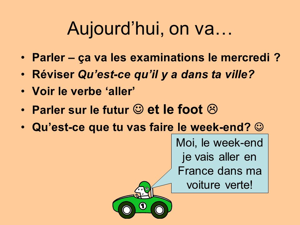 Moi, le week-end je vais aller en France dans ma voiture verte!