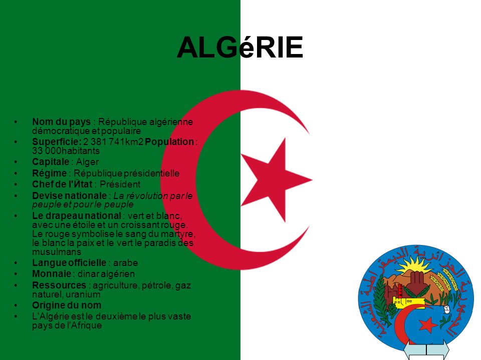 ALGéRIE Nom du pays : République algérienne démocratique et populaire