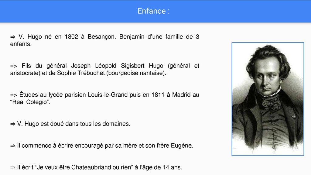 Enfance : ⇒ V. Hugo né en 1802 à Besançon. Benjamin d’une famille de 3 enfants.