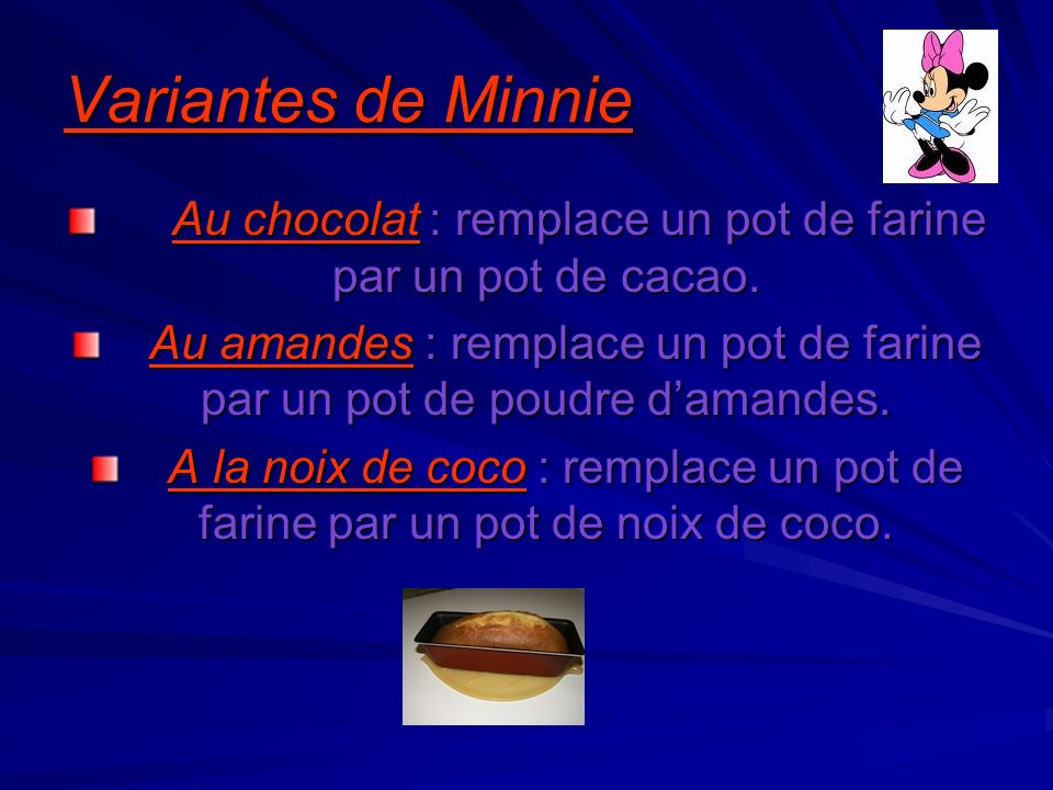 Variantes de Minnie Au chocolat : remplace un pot de farine par un pot de cacao.