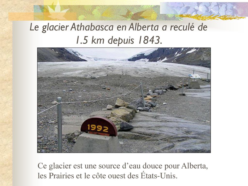 Le glacier Athabasca en Alberta a reculé de 1.5 km depuis 1843.