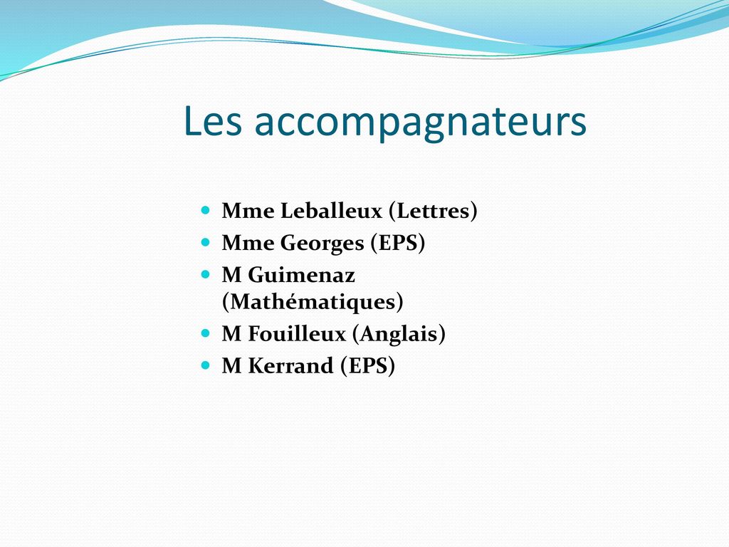 Les accompagnateurs Mme Leballeux (Lettres) Mme Georges (EPS)