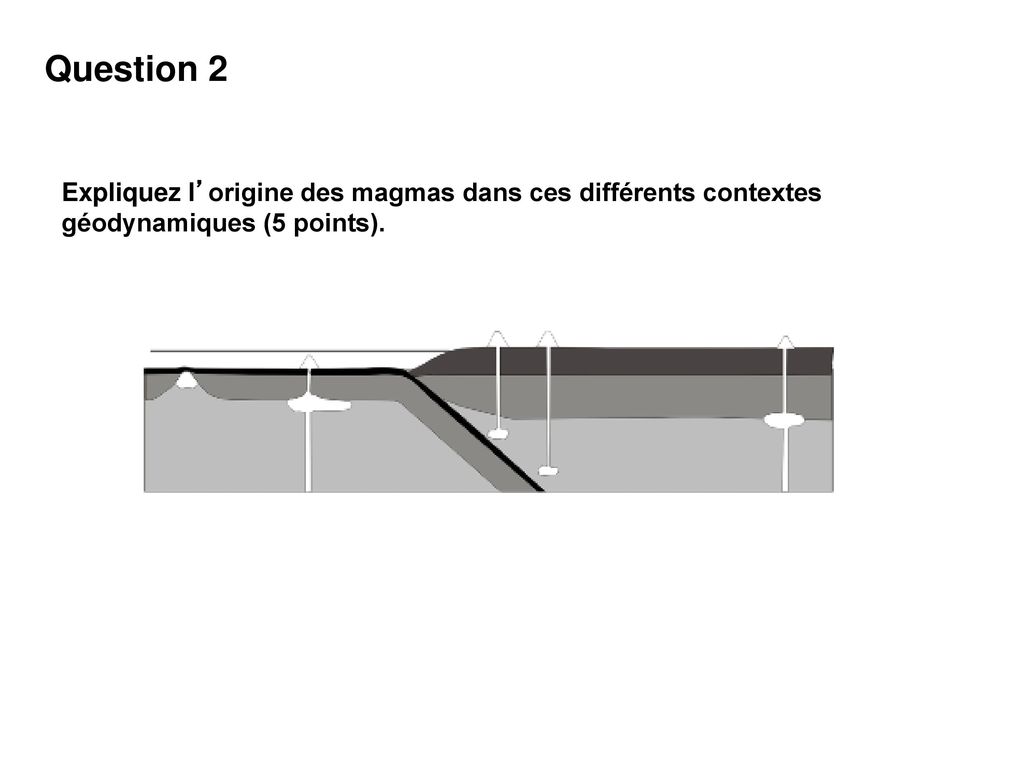 Question 2 Expliquez l’origine des magmas dans ces différents contextes géodynamiques (5 points).