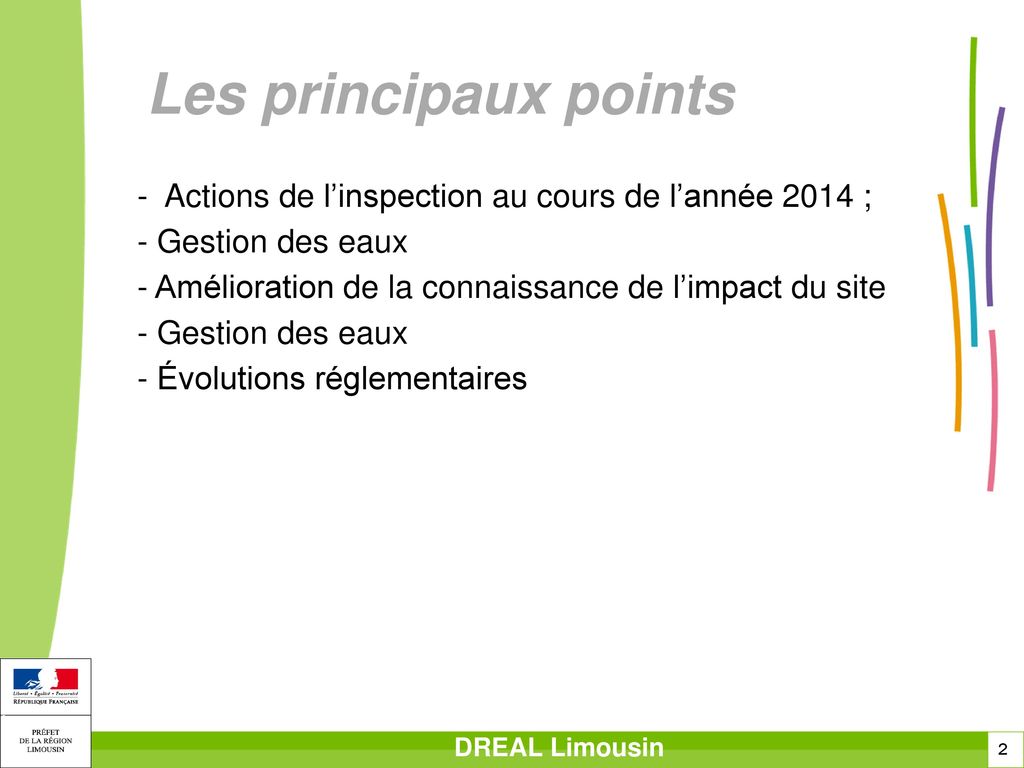 Les principaux points - Actions de l’inspection au cours de l’année 2014 ; - Gestion des eaux.